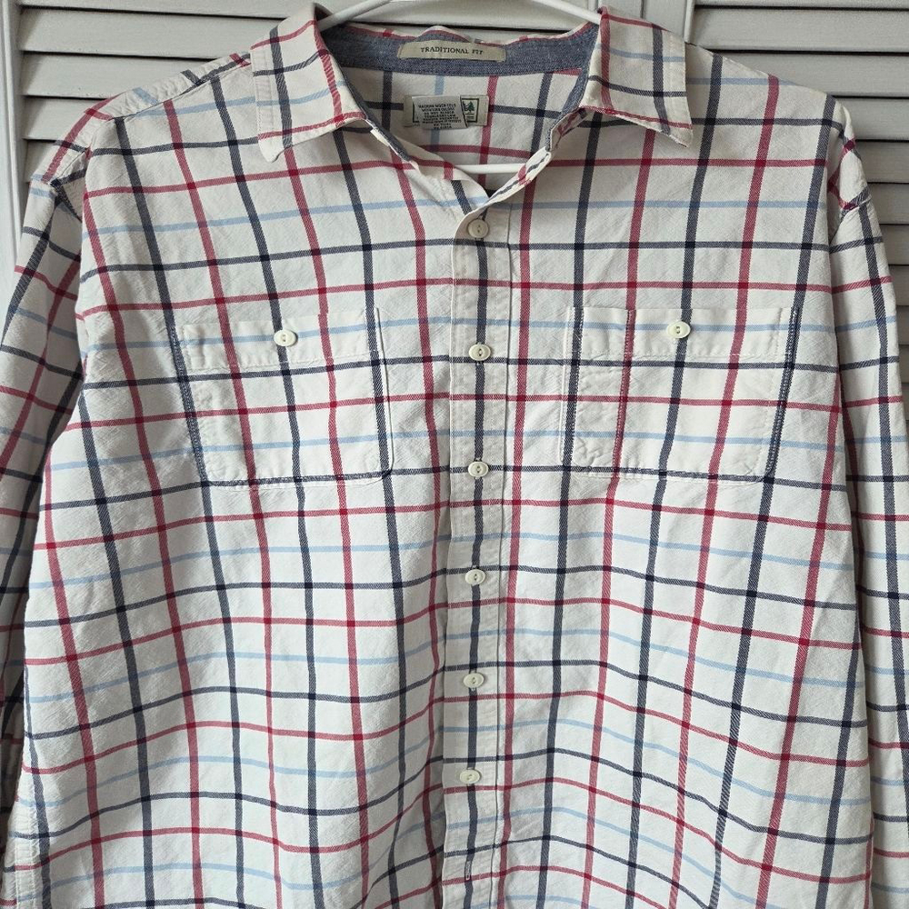 Men's L.L.Bean Casual Button Down Shirt LT White Red Plaid